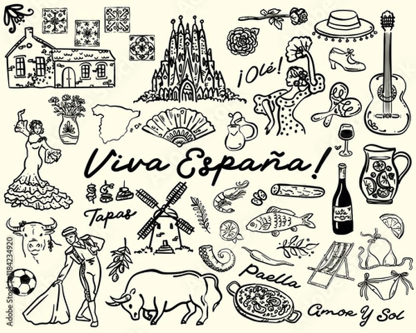 Fototapeta Hand drawn Whimsical style Spanish Culture elements vector set