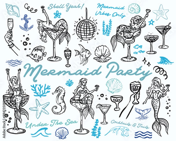 Fototapeta Whimsical style mermaid party hand drawn elements vector set