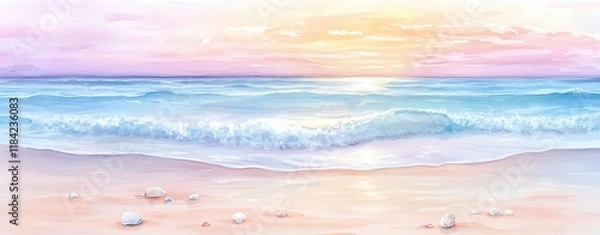 Fototapeta Watercolor-Themed Minimalist Art with Pastel Tones and Negative Space, Watercolor art, Minimalist design ,Pastel color palette, Negative space art Serene sunset over tranquil ocean waves