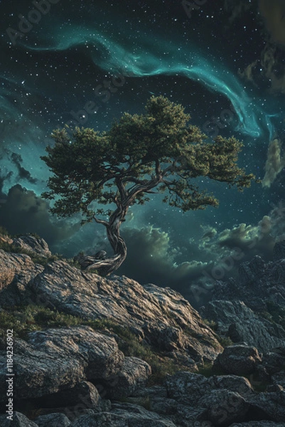 Fototapeta Solitary tree under a starry night with glowing aurora on rocky terrain
