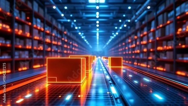 Fototapeta Smart warehouse management system using augmented reality technology to identify package picking and delivery . Future concept of supply chain and logistic busines