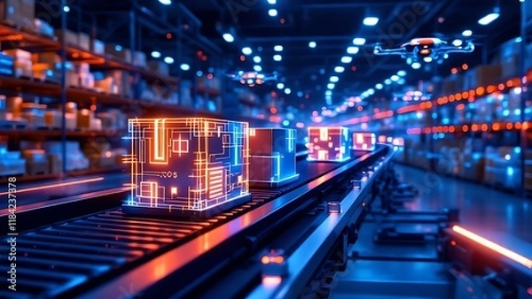Fototapeta Smart warehouse management system using augmented reality technology to identify package picking and delivery . Future concept of supply chain and logistic busines