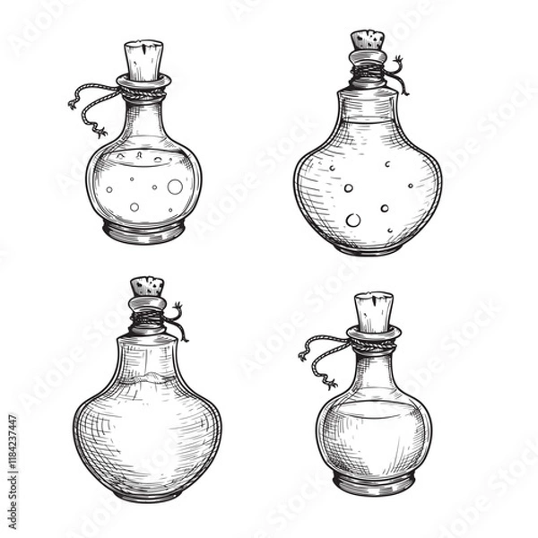 Fototapeta Witch potion sketch set. Poison, drug, decoction in hand drawn style. Magic bottled drinks. Vector illustrations collection.