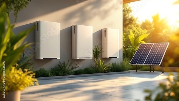 Fototapeta Concept of a home battery packs alternative electric energy storage system at modern home garage wall as backup or sustainable energy concepts.