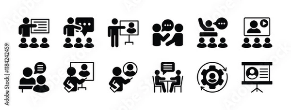 Fototapeta Business training and workshop excellent icon set. Containing teaching, education, coaching, discussion, learning, communication, presentation, lecture, meeting, teamwork, briefing vector illustration