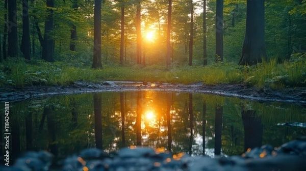Fototapeta Golden sunset paints the forest, reflected in tranquil waters. Serene nature scene.