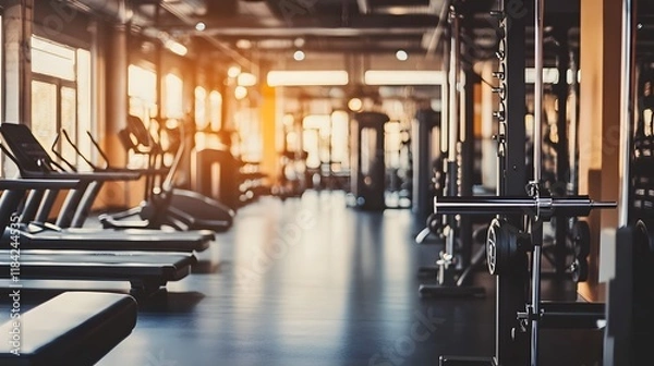 Fototapeta A modern interior gym room or fitness center provides a sleek and inviting backdrop for exercise and physical activity, with its clean lines, state-of-the-art equipment, and vibrant atmosphere