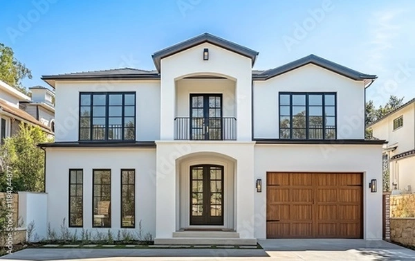 Fototapeta A modern house with large windows, white walls, and wooden accents, featuring an elegant garage door on the right side of the image
