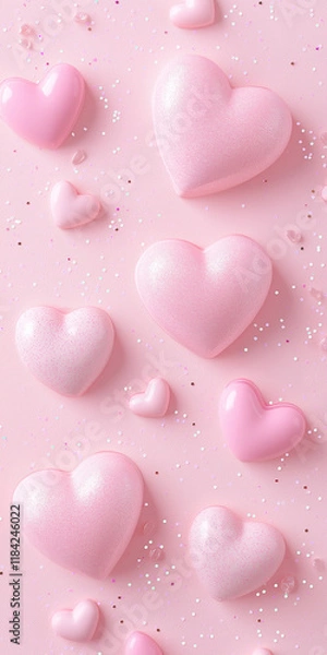 Fototapeta A soft pastel pink background with scattered pink hearts and gentle sparkles in the bottom corner. The central and upper parts of the image are left empty
