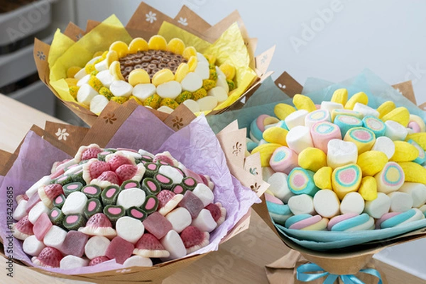 Fototapeta Colorful Candy Bouquets with Marshmallows and Gummies