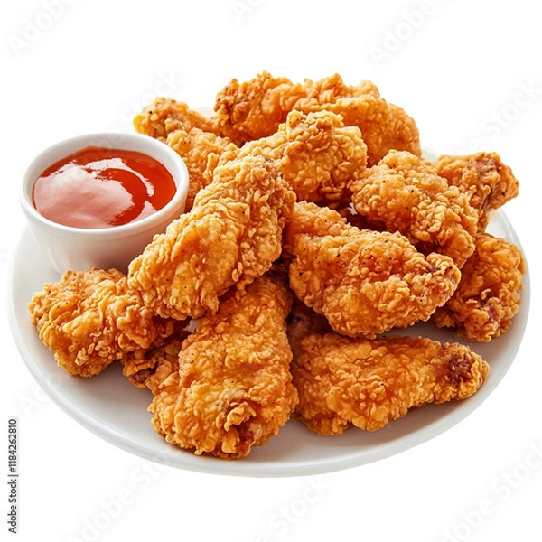 Fototapeta  Plate of fried chicken wings with sauce piece coat with flour or batter, that look tasty and delicious isolated on white background.