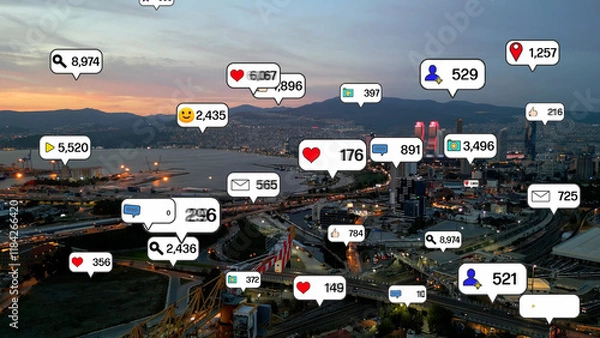 Obraz Social media and notification icons over the cities. social network concept. high quality