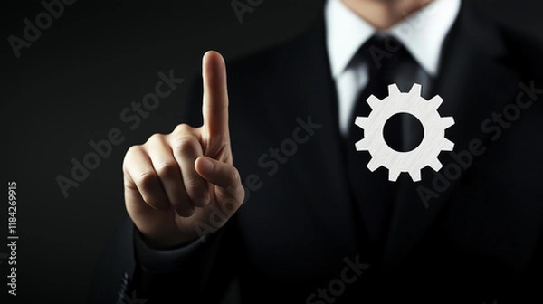 Fototapeta Manager and virtual gear icon, Organizing the company's workflow, regulating company goals, company market analysis and strategy, incorporating artificial intelligence into the workflow