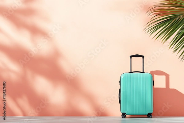 Fototapeta colorful suitcase stands against peach wall, surrounded by palm leaves, evoking tropical vacation vibe. Perfect for travel enthusiasts and summer adventures