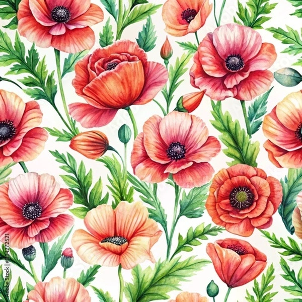 Obraz Hand Painted Watercolour Poppy Flower Abstract Pattern Background