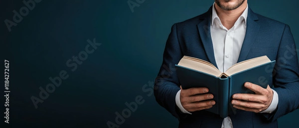 Fototapeta Businessman engaging in continuous learning by reading a business book in a modern office environment to foster growth and development