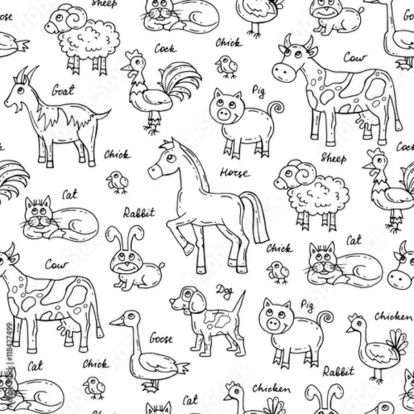 Fototapeta Vector seamless pattern with hand drawn isolated animals on white color