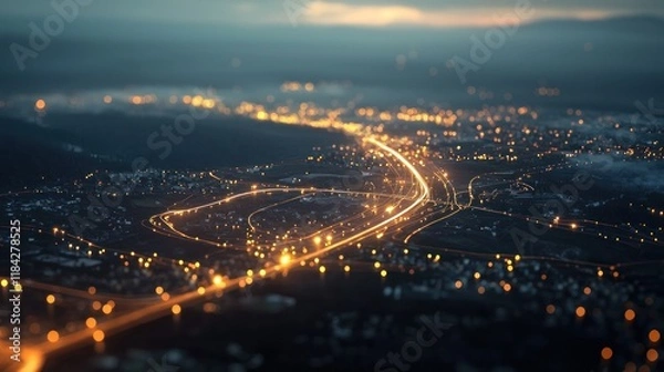 Fototapeta Night City Lights: Aerial View of Illuminated Roads and Urban Landscape