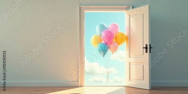 Fototapeta Open Door to a Sky Filled with Colorful Balloons A Symbol of Dreams and New Beginnings