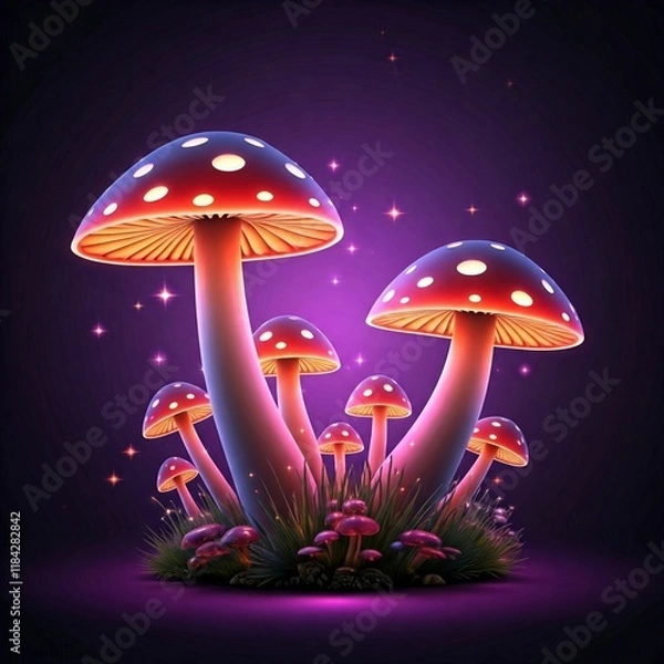 Fototapeta Magical fantasy background with glowing mushrooms, sparkling stars, and an ethereal purple glow.