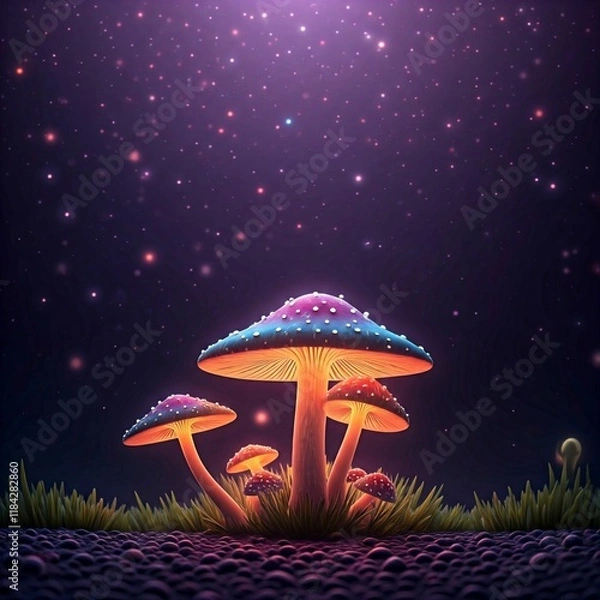 Fototapeta Magical fantasy background with glowing mushrooms, sparkling stars, and an ethereal purple glow.