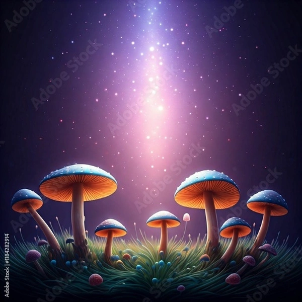 Fototapeta Magical fantasy background with glowing mushrooms, sparkling stars, and an ethereal purple glow.