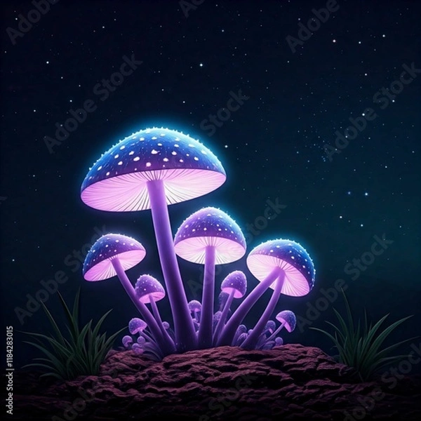Fototapeta Magical fantasy background with glowing mushrooms, sparkling stars, and an ethereal purple glow.