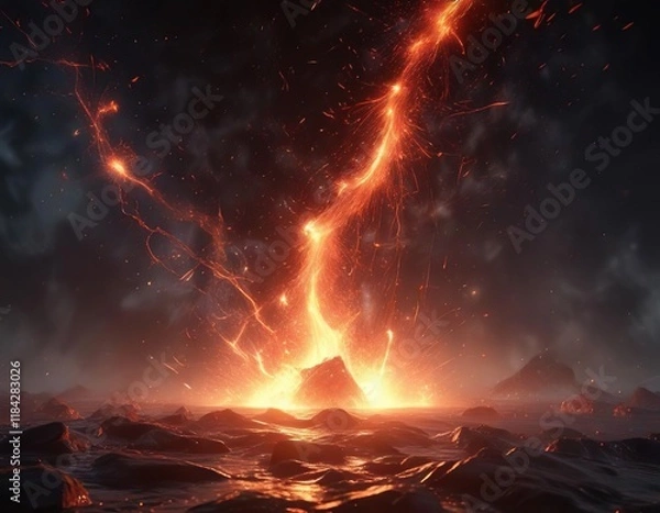 Fototapeta Abstract red sparks floating in the air amidst a sea of flames , burning, abstract, mysterious