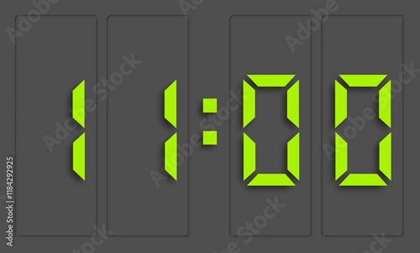 Fototapeta Digital clock with green numbers and dark background, showing 11 o'clock. 