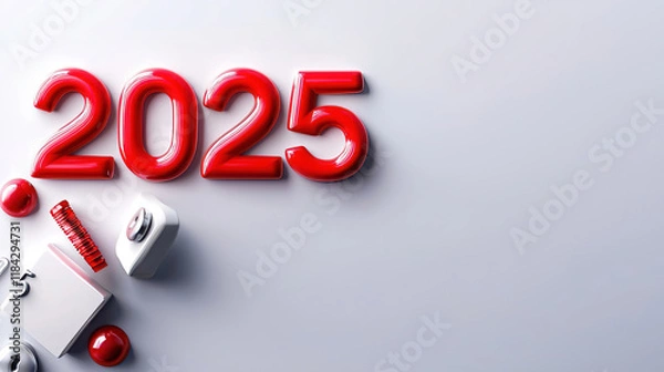 Fototapeta 2025 Calendar highlights tax deadlines and coin values. Vibrant Red 2025 Numbers with Colorful Decorative Elements