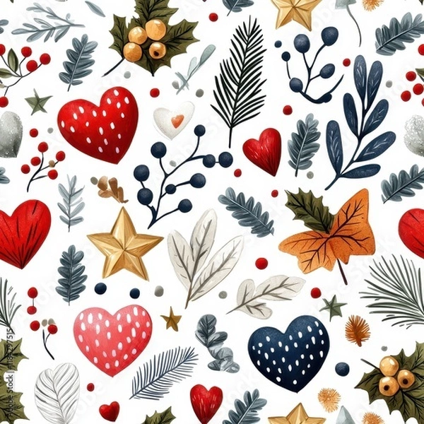 Fototapeta Colorful Christmas seamless pattern with Leaves, Berries, Stars, Hearts, and Floral Elements on a White Background