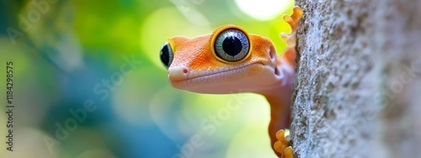 Obraz A gecko with orange and blue eyes peeking out from the wall