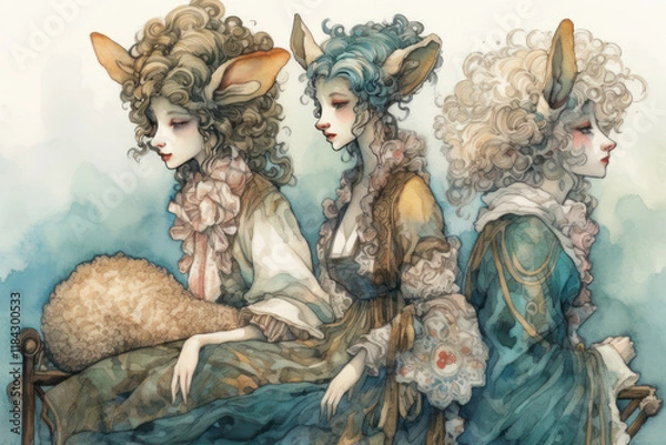 Fototapeta three girls with unusual ears reminiscent of sheep. They are dressed in elegant dresses with lots of ruffles and lace, made in the Baroque style.  