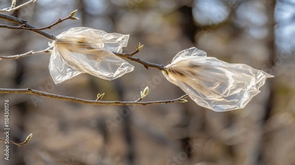 Obraz Plastic Bags Caught on Tree Branches in Forest