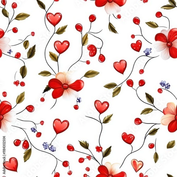Fototapeta Vibrant Floral seamless pattern with Hearts and Berries on White Background for Creative Design Projects