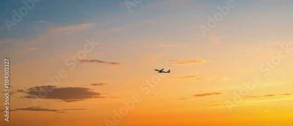 Fototapeta Airplane in the sky at sunrise or sunset