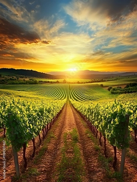Obraz Scenic vineyard landscape under a vibrant sunset in rural countryside