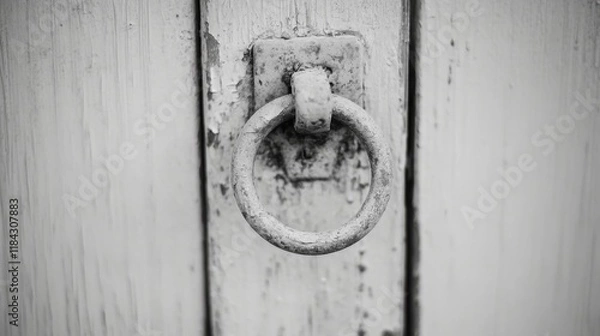 Fototapeta Close-up of a weathered, rusty metal ring door knocker on a white wooden door.