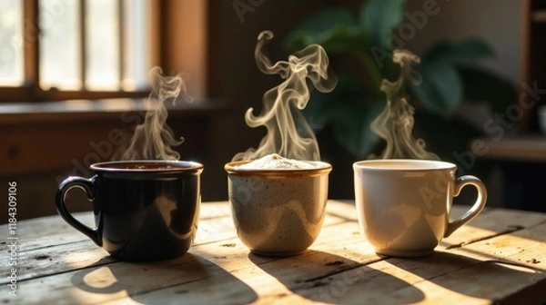 Fototapeta Warm Beverages on Rustic Wooden Table in Sunlight