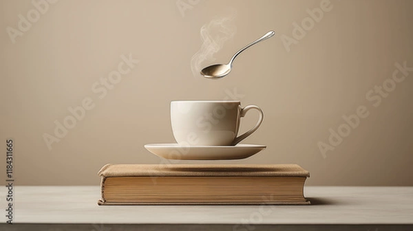 Fototapeta Cup of coffee on a book. 3D rendering. Vintage style.