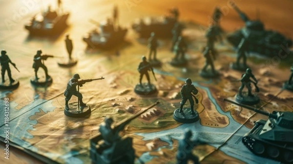 Obraz Close-Up of Detailed Military Strategy Map with Miniature Soldiers and Terrain Models on Wooden Table. Focused Scene with Softly Blurred Background.
