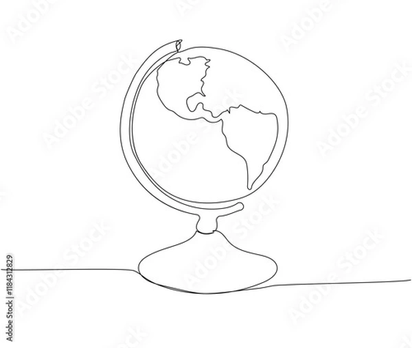 Obraz Globe, world map, geography, study, student life, school one line art. Continuous line drawing of knowledge, cognition, school, education.