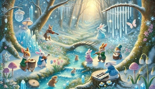 Obraz An enchanting woodland symphony featuring animals playing instruments amidst a magical, snowy forest with glowing crystals and blooming flowers