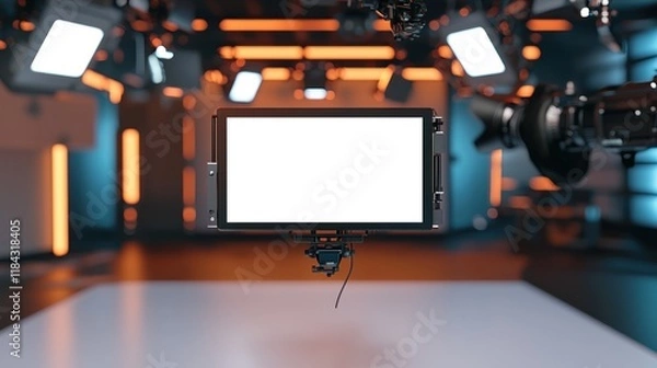 Obraz Modern Television Studio Broadcast Mockup: Blank Screen in a Futuristic Setting