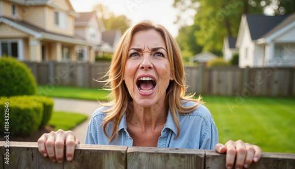 Fototapeta Angry neighbor yelling over backyard fence in suburban area