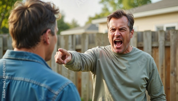 Fototapeta Angry neighbor  Angry man yelling and pointing during backyard argument