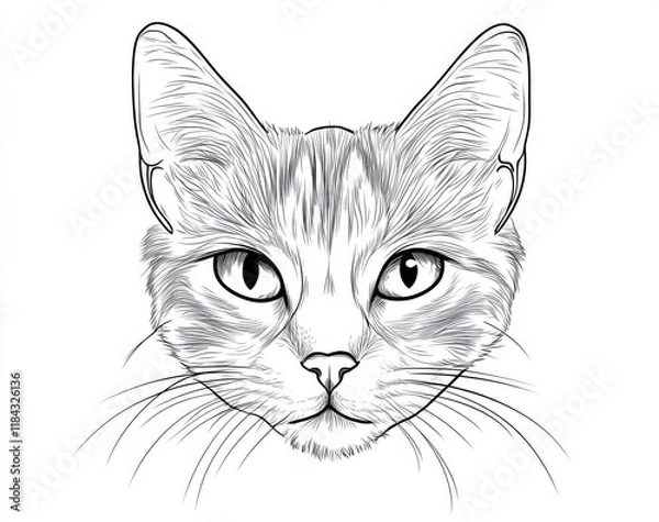 Obraz Minimalistic line art cat face with simple shapes and rounded forms, a cute doodle-style design on a white background.