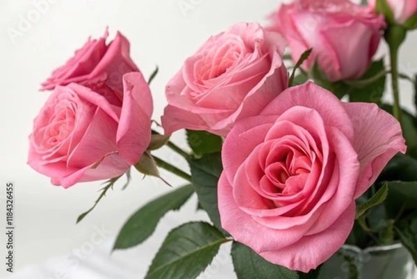 Fototapeta A cluster of delicate pink roses in full bloom, showcasing their soft petals and vibrant color