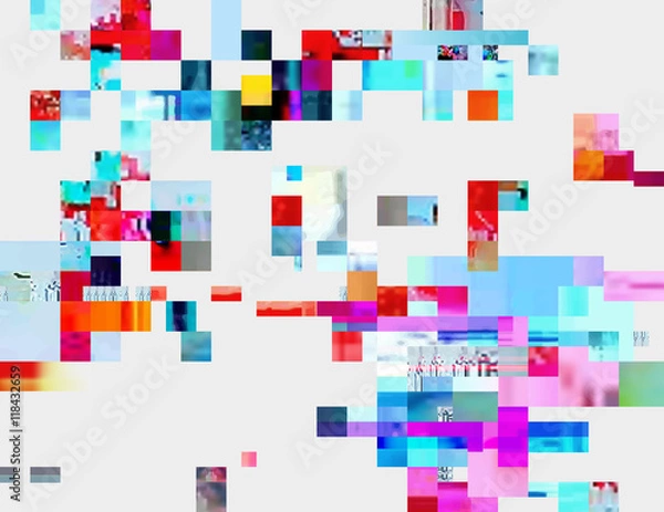 Fototapeta Glitched shapes. Random digital signal error. Abstract contemporary background made of colorful pixel mosaic. Element of design for a trendy poster, cover, business card, invitation or postcard.