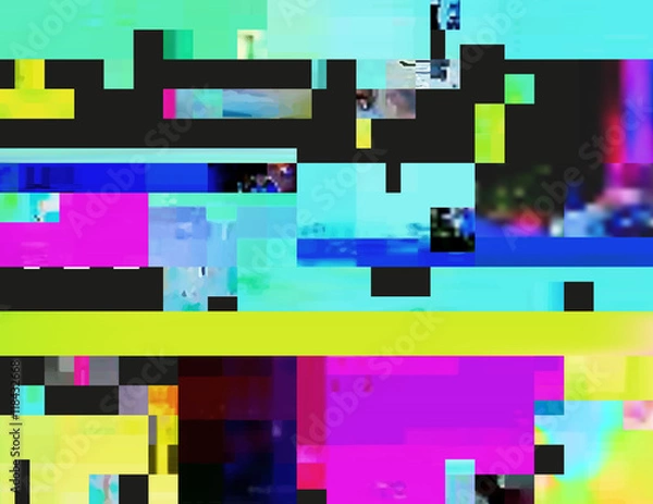 Fototapeta Glitch background in the rave aesthetic. Random digital signal error. Abstract contemporary print made of colorful pixel mosaic. Element of design for a trendy poster, cover, invitation or postcard.